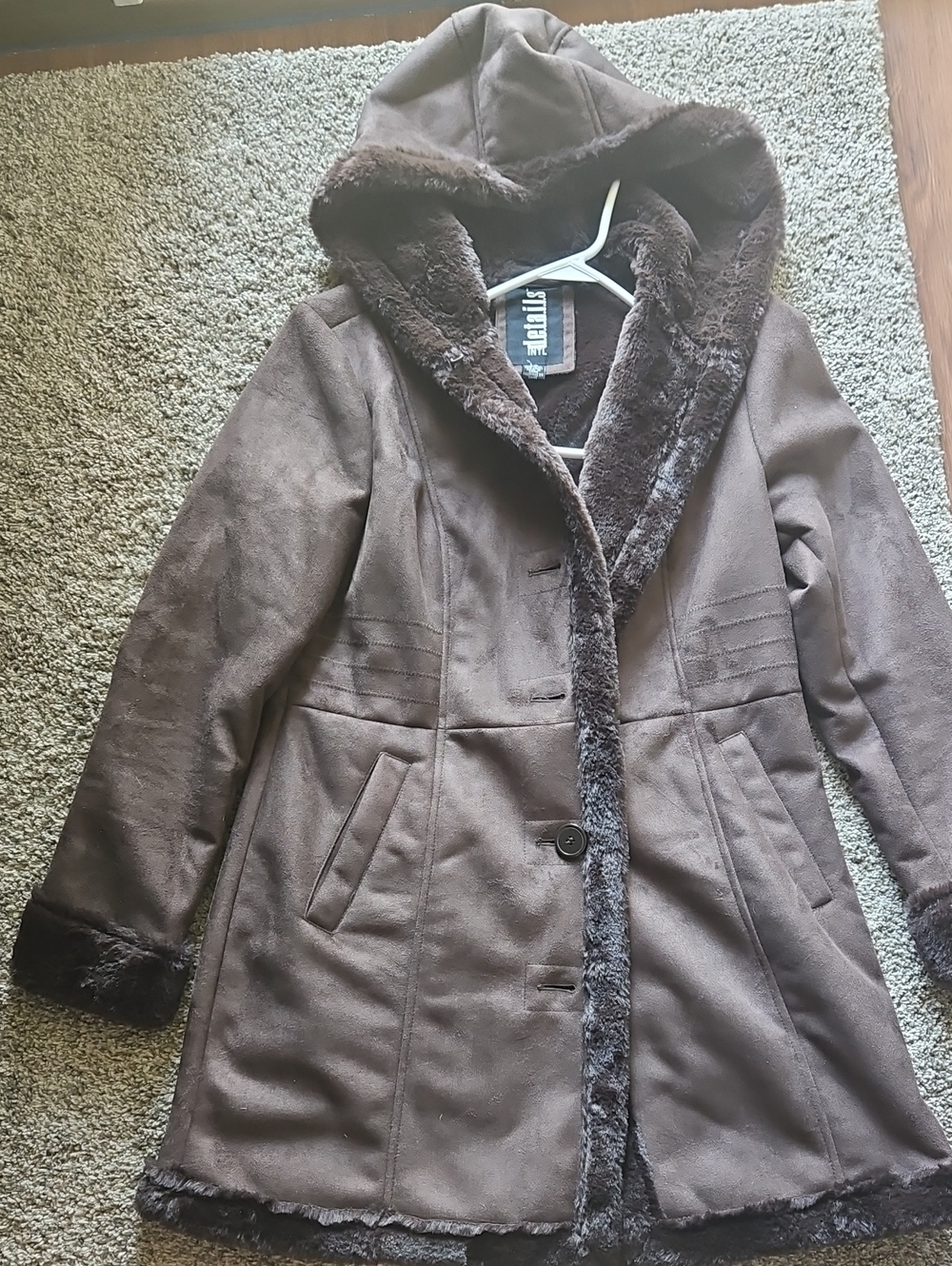 Brown Hooded Fauz Suefe With Faux-Fur Trim Trench Coat
